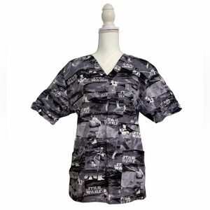 Star Wars 100% Cotton Black & Gray Nursing Medical Scrub Top Women’s Small